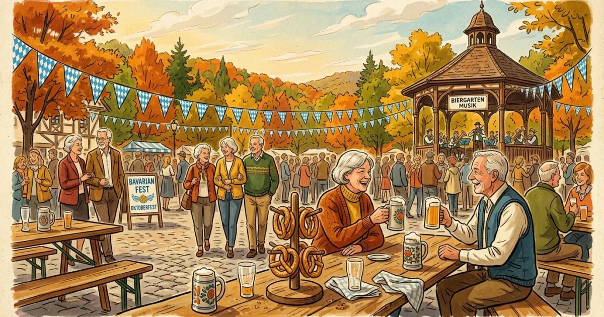 Illustration of older adults enjoying beer and pretzels at an outdoor autumn Oktoberfest festival with a gazebo band.