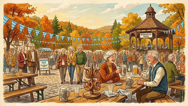 Illustration of older adults enjoying beer and pretzels at an outdoor autumn Oktoberfest festival with a gazebo band.