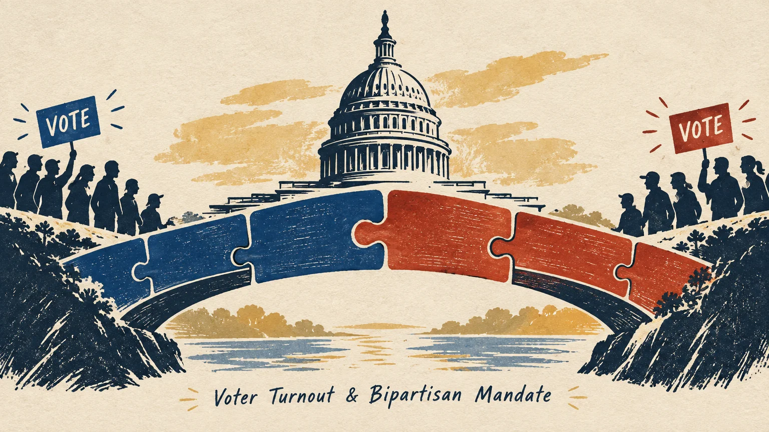 Illustration of the U.S. Capitol behind a bridge made of red and blue puzzle pieces flanked by voters holding signs.