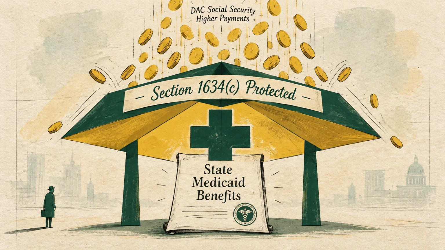 Shelter labeled Section 1634(c) shielding a state Medicaid document from a shower of falling gold coins.
