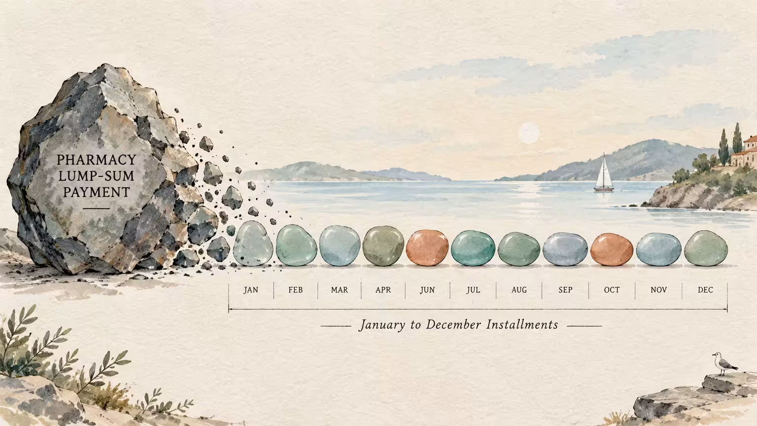 Watercolor of a large boulder crumbling into monthly smooth pebbles labeled January to December along a coastline.