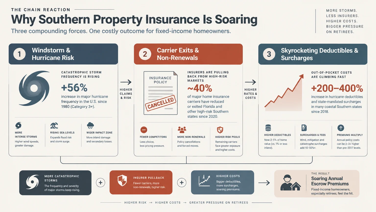 Diagram illustrating three factors driving up Southern property insurance: storm risk, carrier exits, and surging deductibles.
