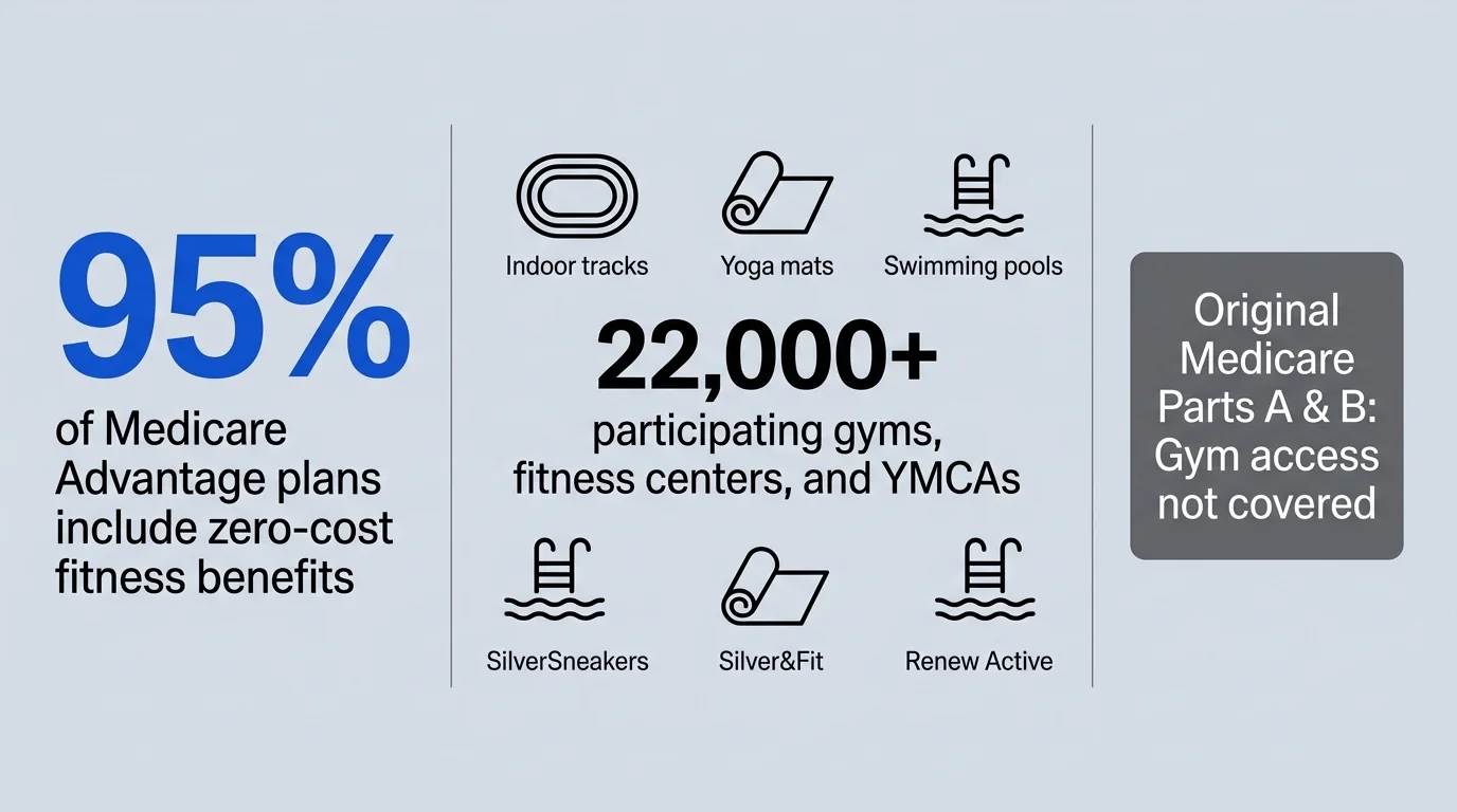 Infographic showing 95% of Medicare Advantage plans offer fitness perks, contrasting with Original Medicare lacking coverage.