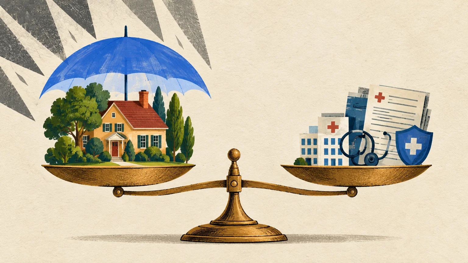 Illustration of a scale balancing a house under an umbrella against medical buildings, documents, and a stethoscope.