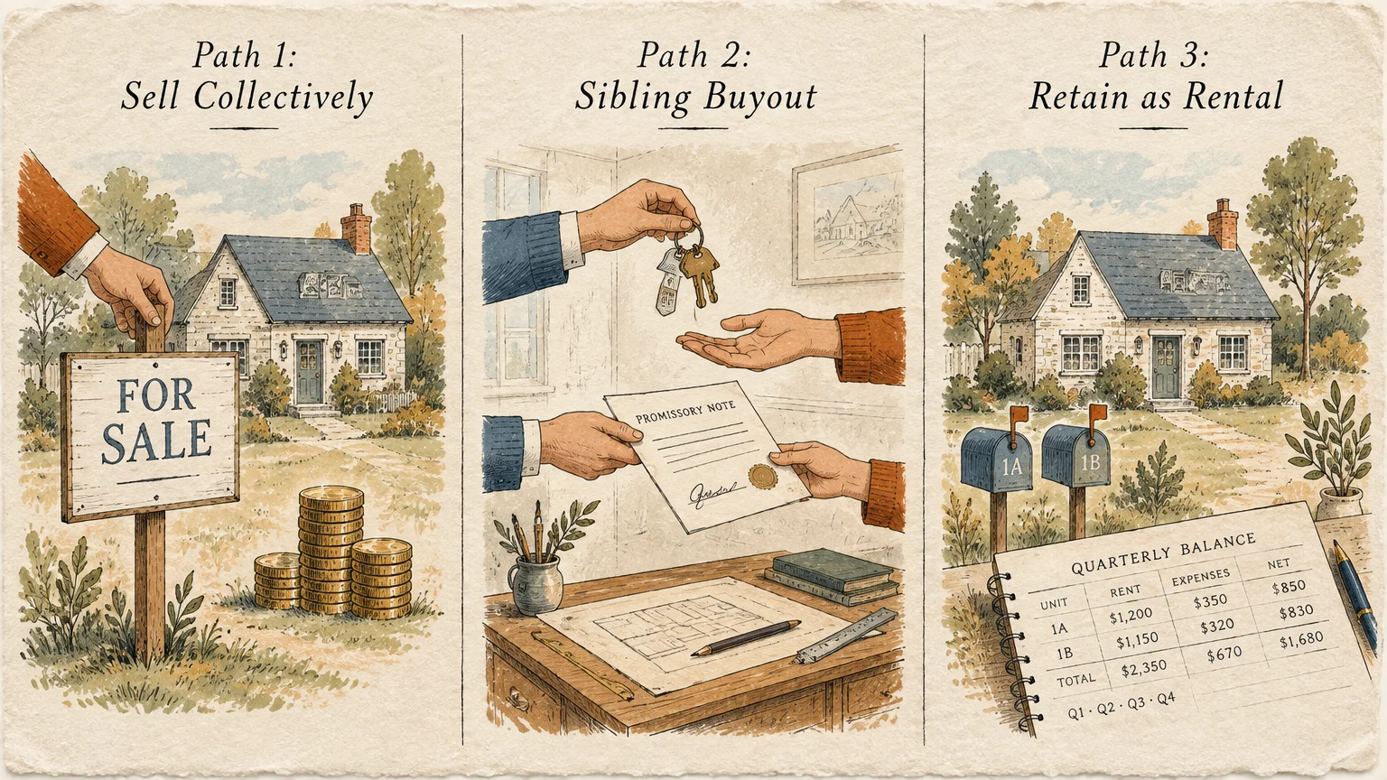 Triptych illustration outlining three paths: selling collectively, a sibling buyout, and retaining property as a rental.