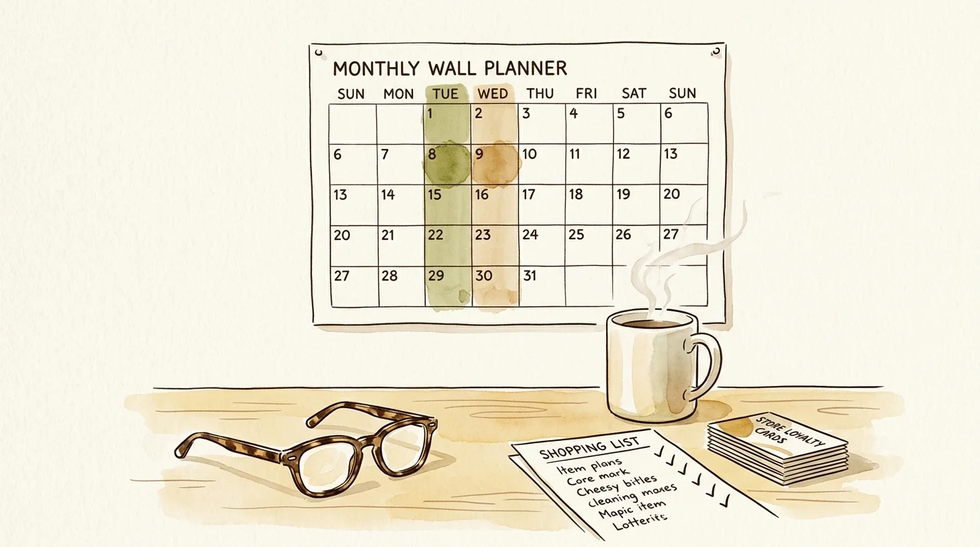 A monthly wall planner on a wall above a desk with eyeglasses, a shopping list, cards, and a steaming coffee mug.