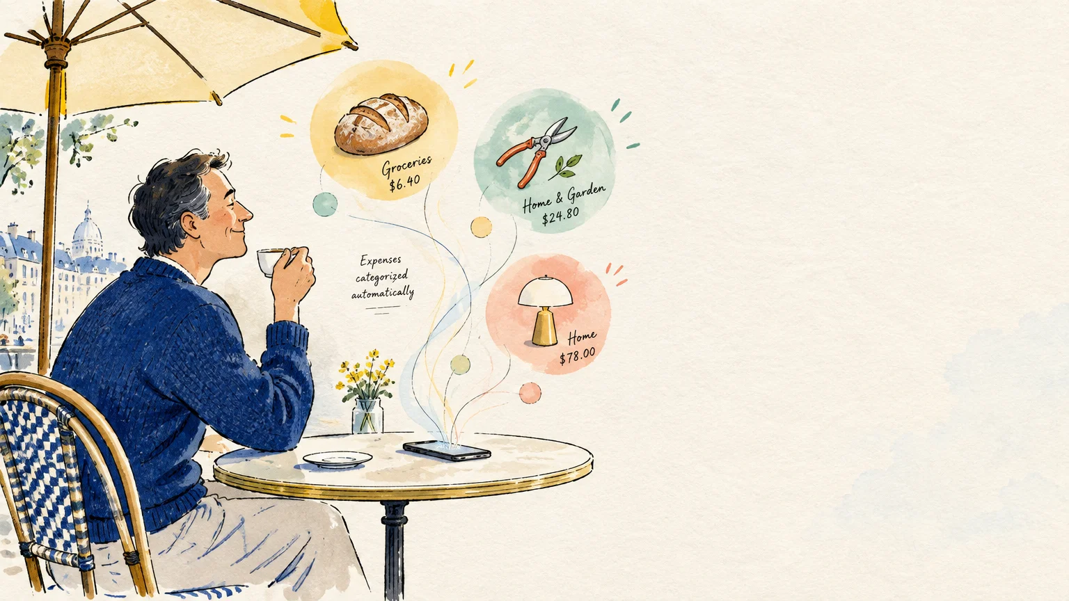 Illustration of a man drinking coffee at a cafe table while categorized purchase icons float up from his smartphone.