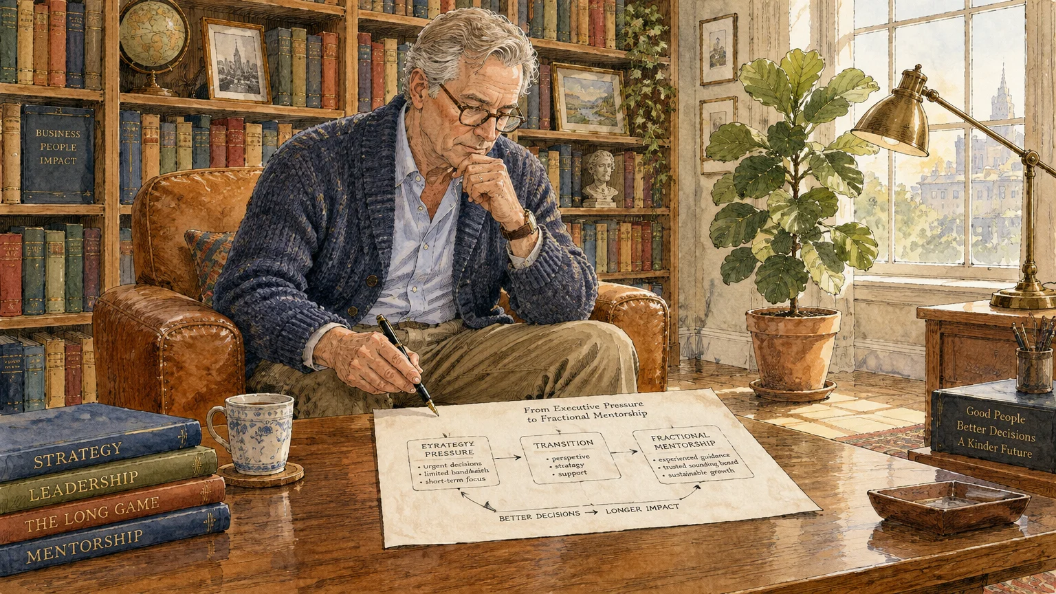 Illustration of an older man in a home library studying a consulting diagram on his desk with a fountain pen.