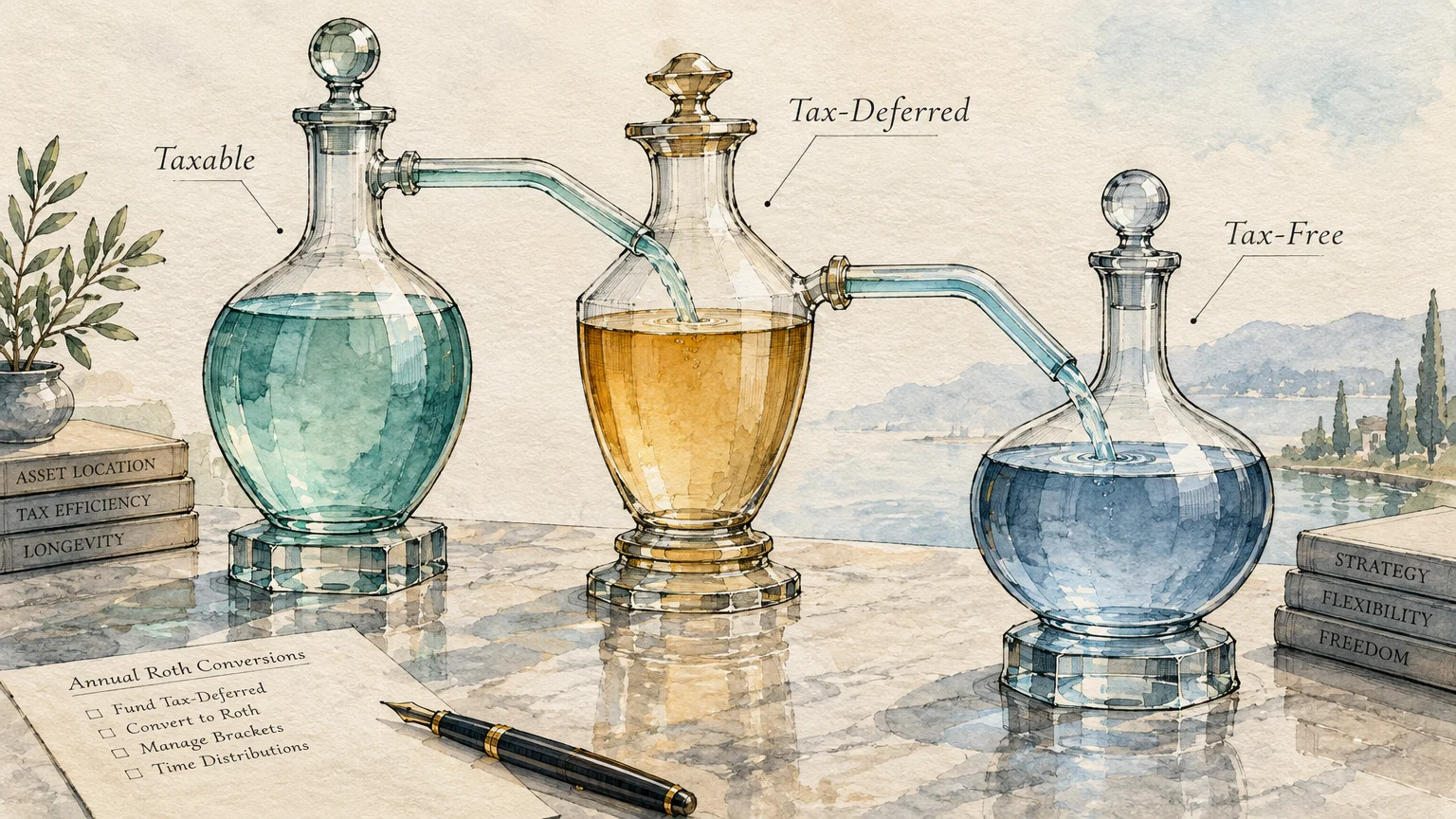 Watercolor illustration of three glass decanters labeled Taxable, Tax-Deferred, and Tax-Free connected by glass tubes.