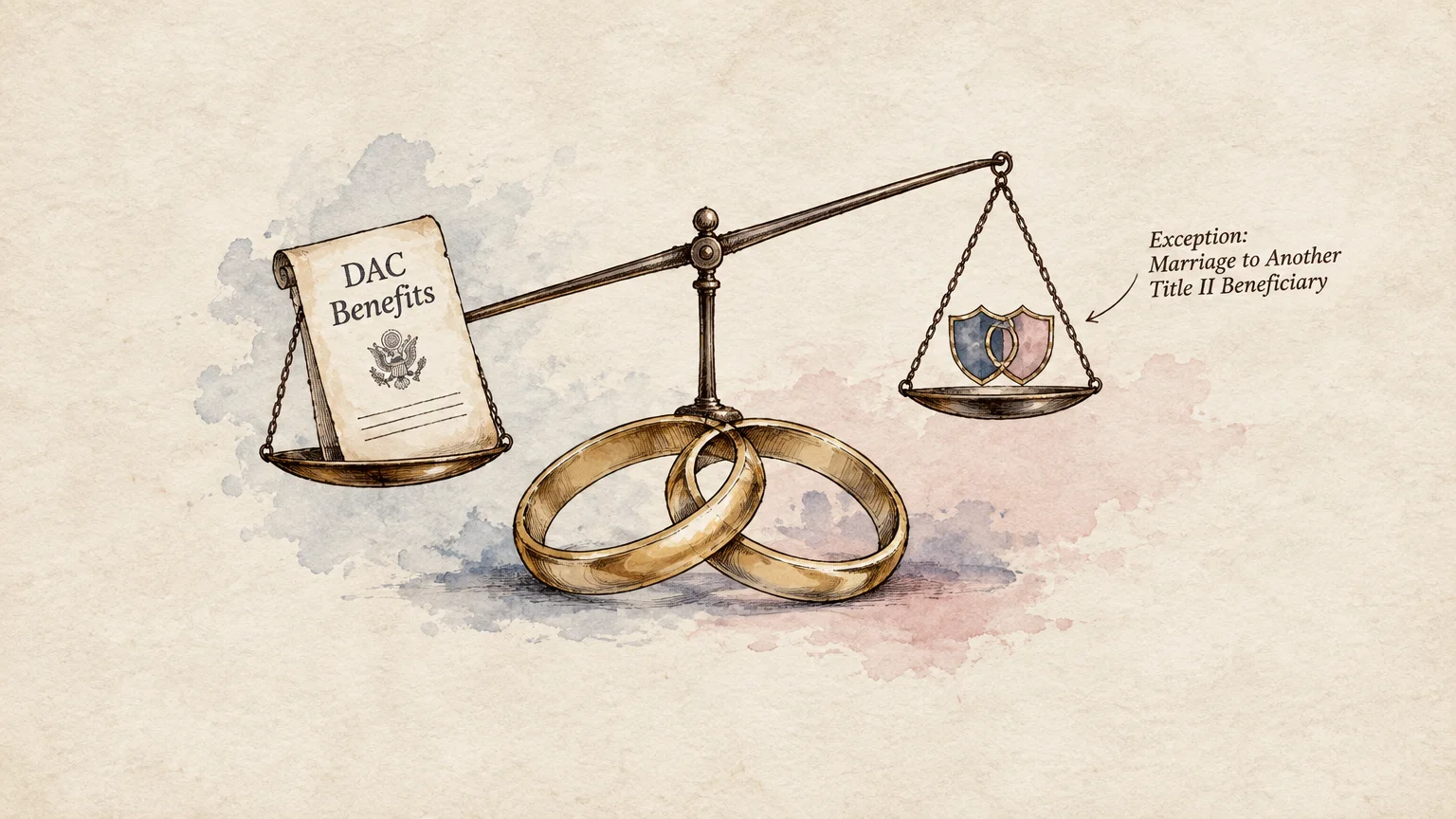 Illustration of two interlocking wedding rings beneath a balance scale holding a DAC benefits document and two linked shields.
