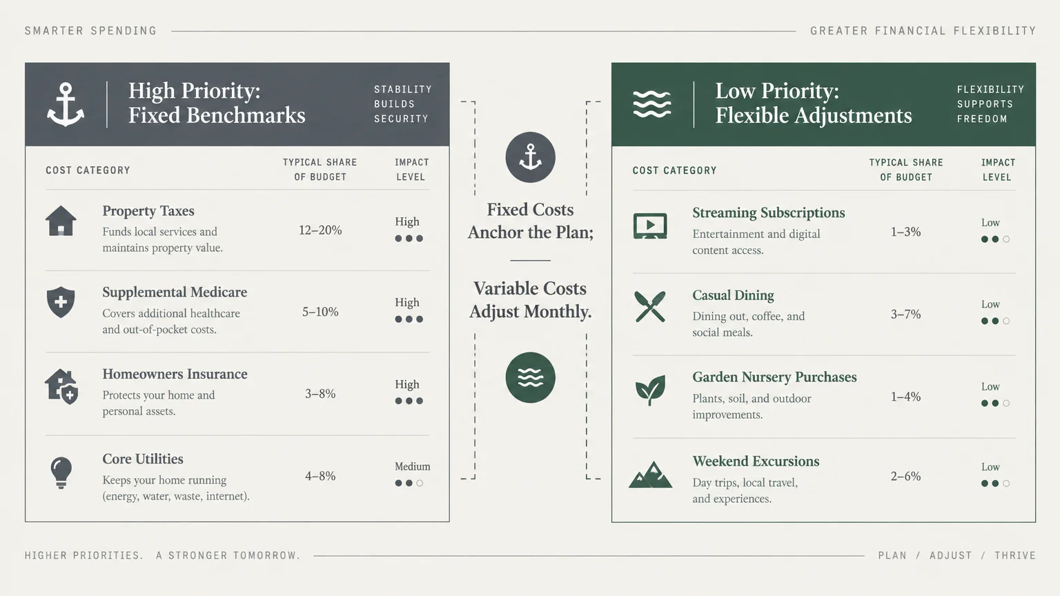 Diagram comparing high-priority fixed benchmarks against low-priority flexible spending adjustments with budget percentages.