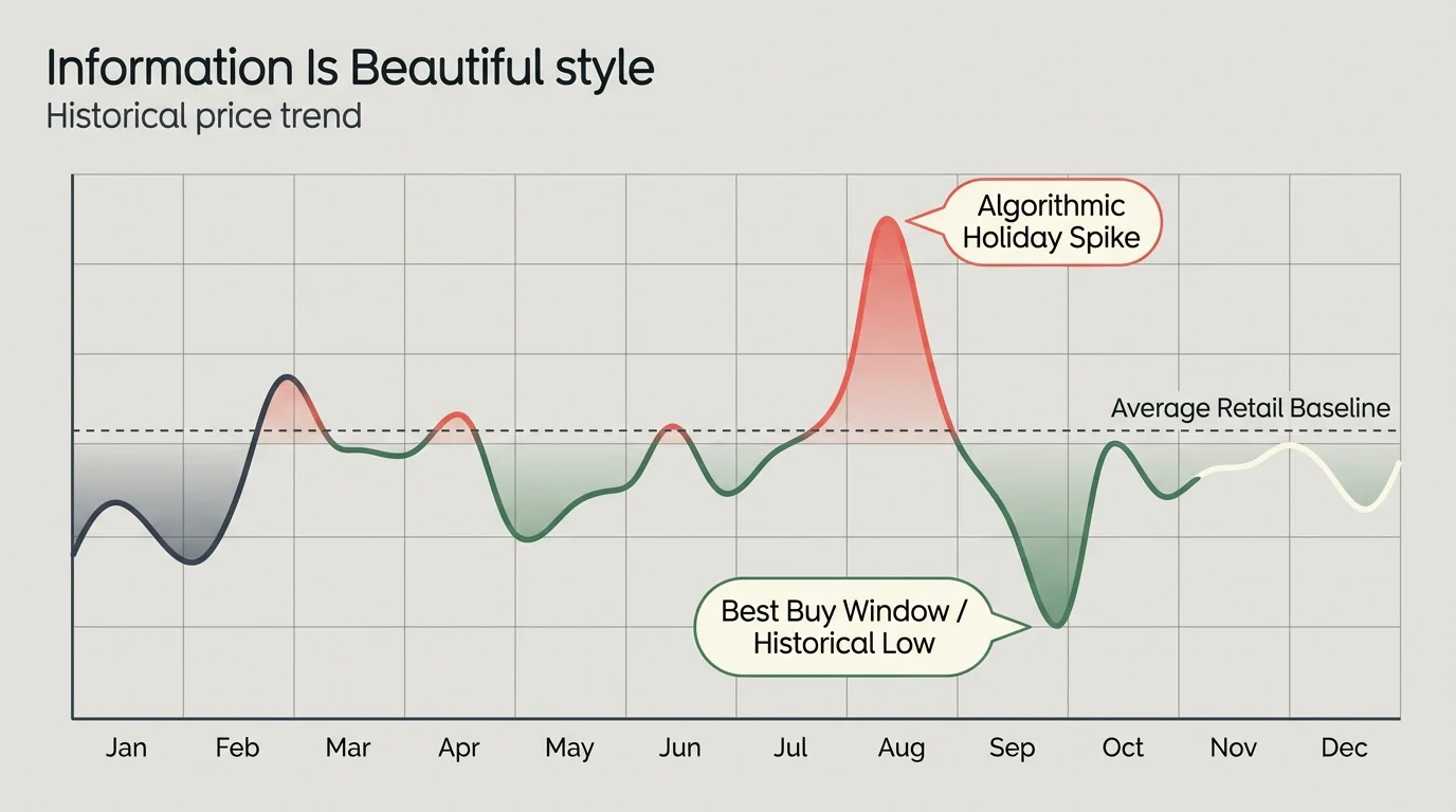 Line graph showing a historical price trend across twelve months with an August price spike and a September low point.