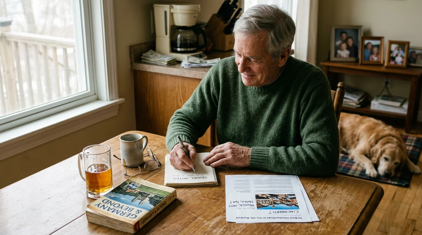 Senior man sitting at a wooden table taking notes with travel papers, a book, beer, and a sleeping dog nearby.