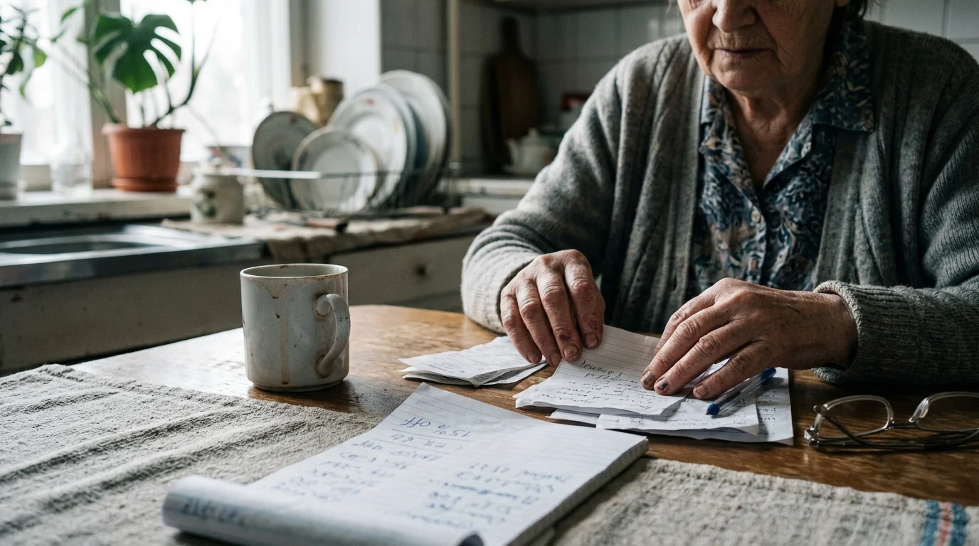 Elderly person sitting at a kitchen table reviewing handwritten notes, receipts, and a notepad beside a mug and eyeglasses.