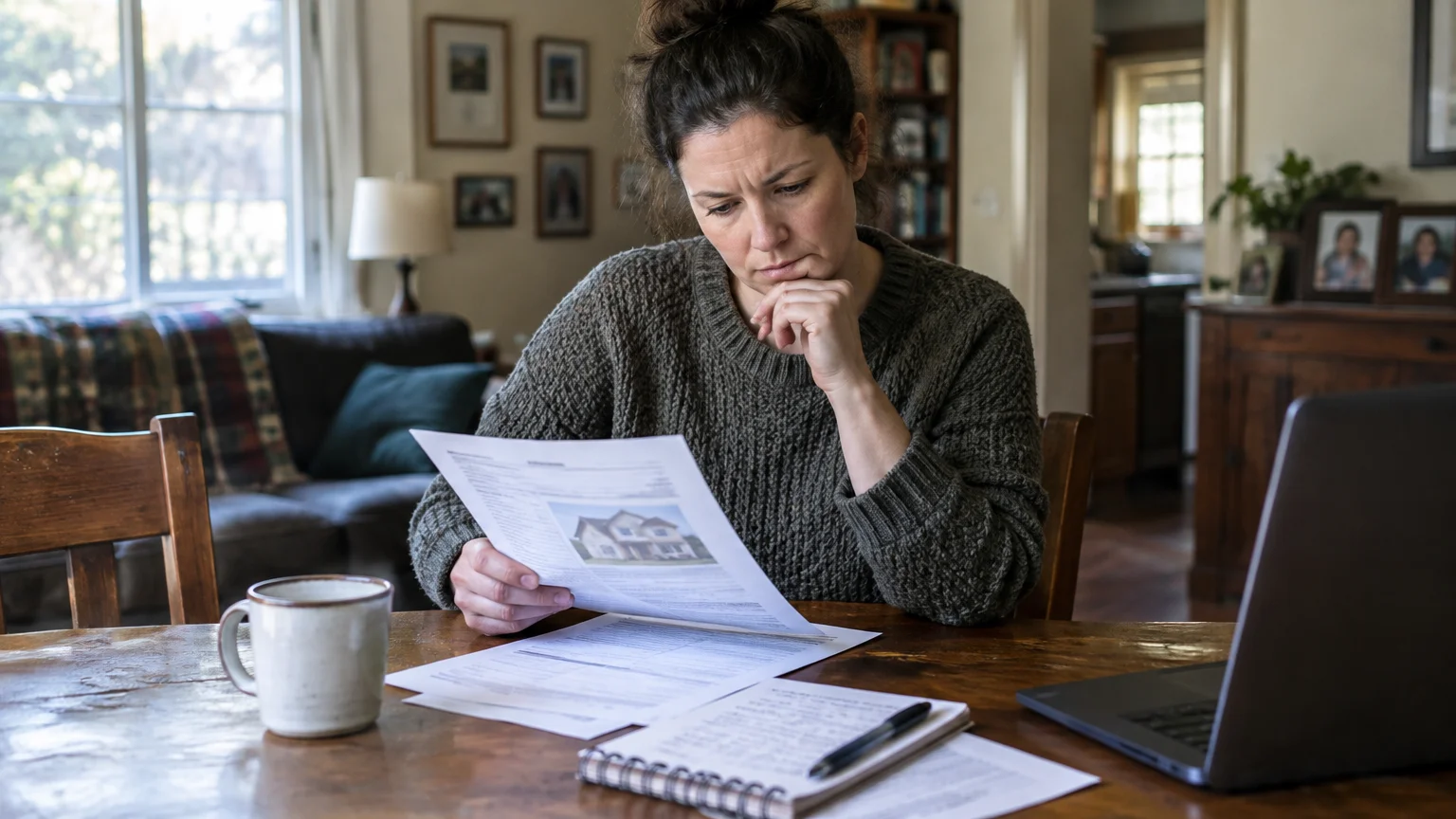 A woman sits at a wooden table with a laptop and coffee mug, thoughtfully reviewing real estate paperwork.