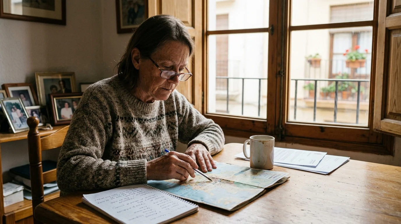 An older woman with glasses sits at a wooden table studying a map with a pen beside a coffee mug and notebook.