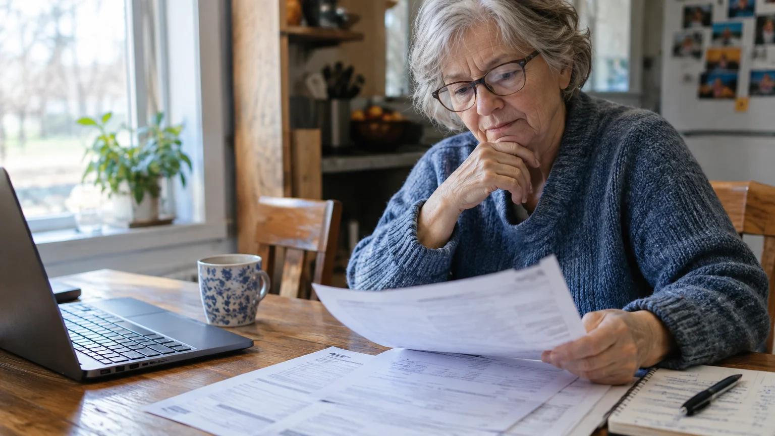 A senior woman wearing glasses sits at a wooden kitchen table reviewing paperwork beside a laptop.