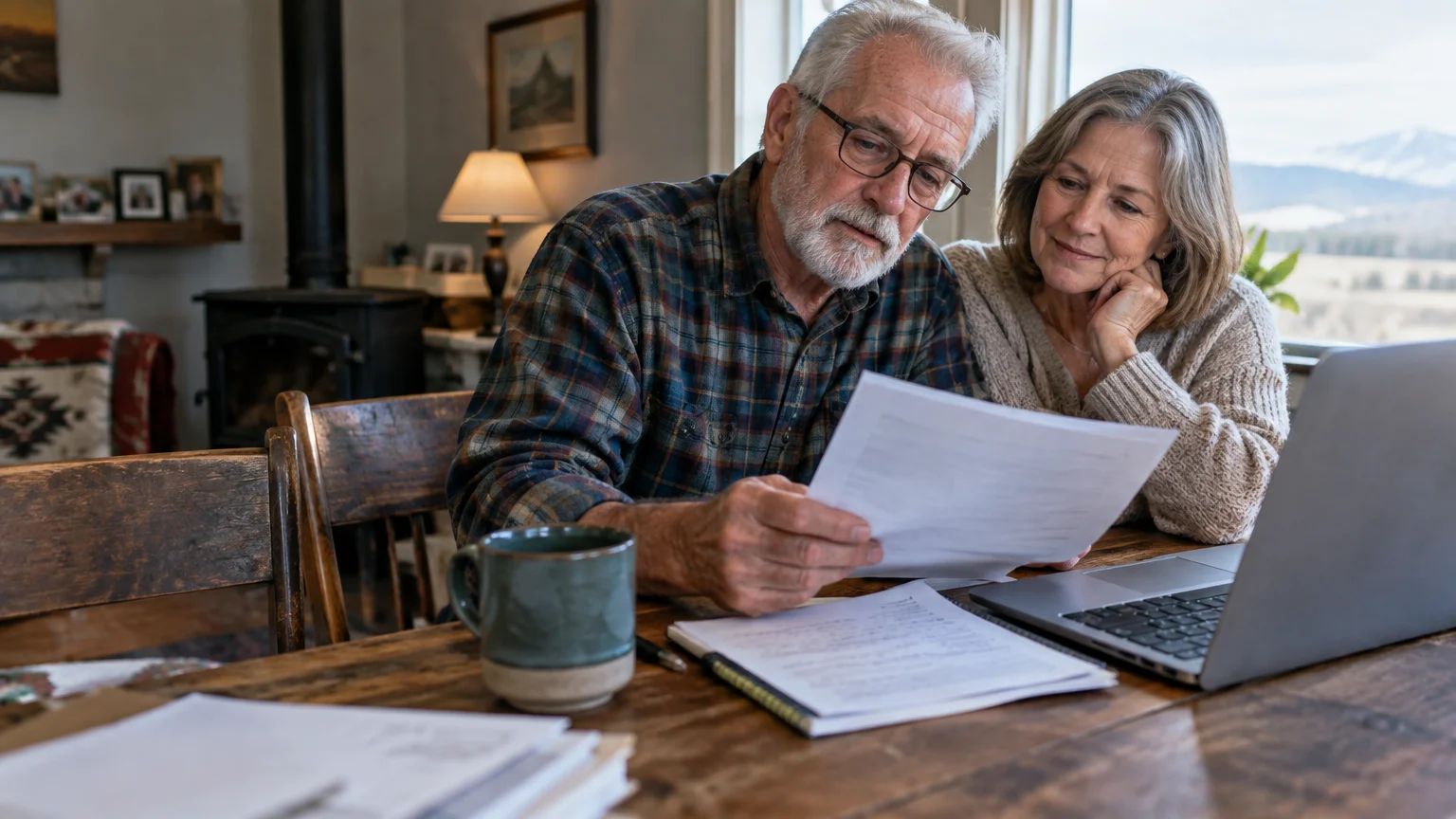 An older couple sits at a wooden table reviewing papers beside an open laptop and coffee mug.