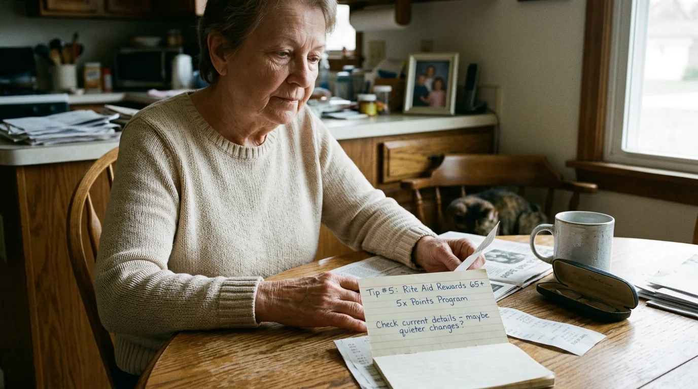 Senior woman sitting at a kitchen table looking at receipts, with a handwritten note card in front of her.
