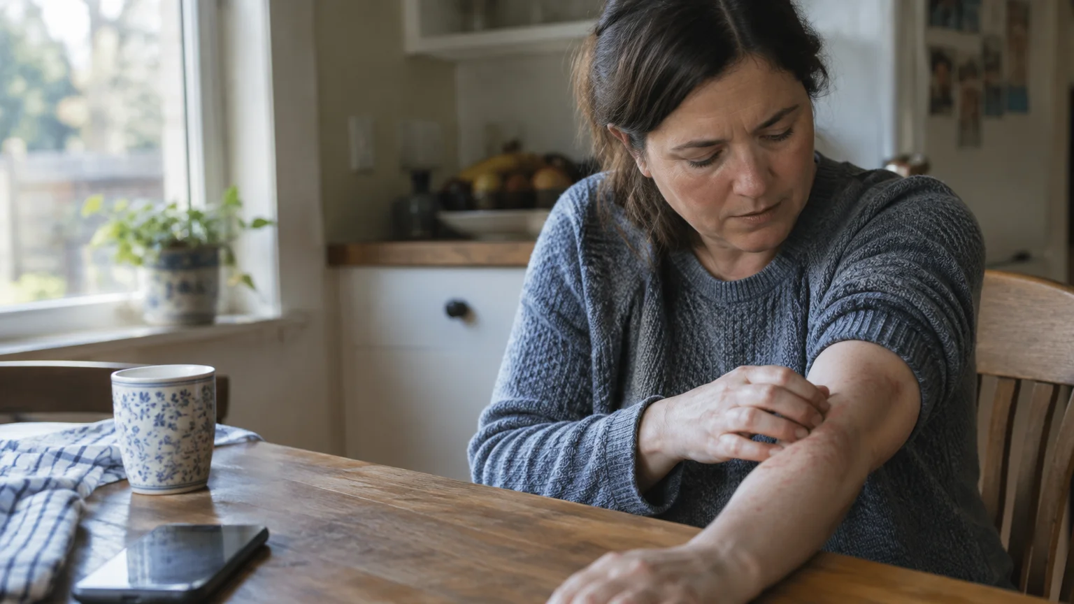 A woman sits at a wooden kitchen table, looking down with concern as she scratches a red rash on her forearm.