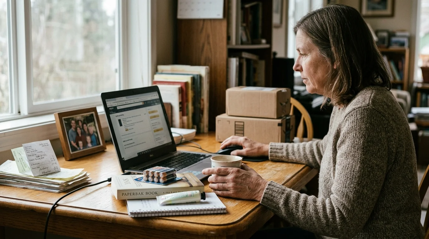 A woman sitting at a wooden desk using a laptop, holding a mug next to small shipping boxes and household items.