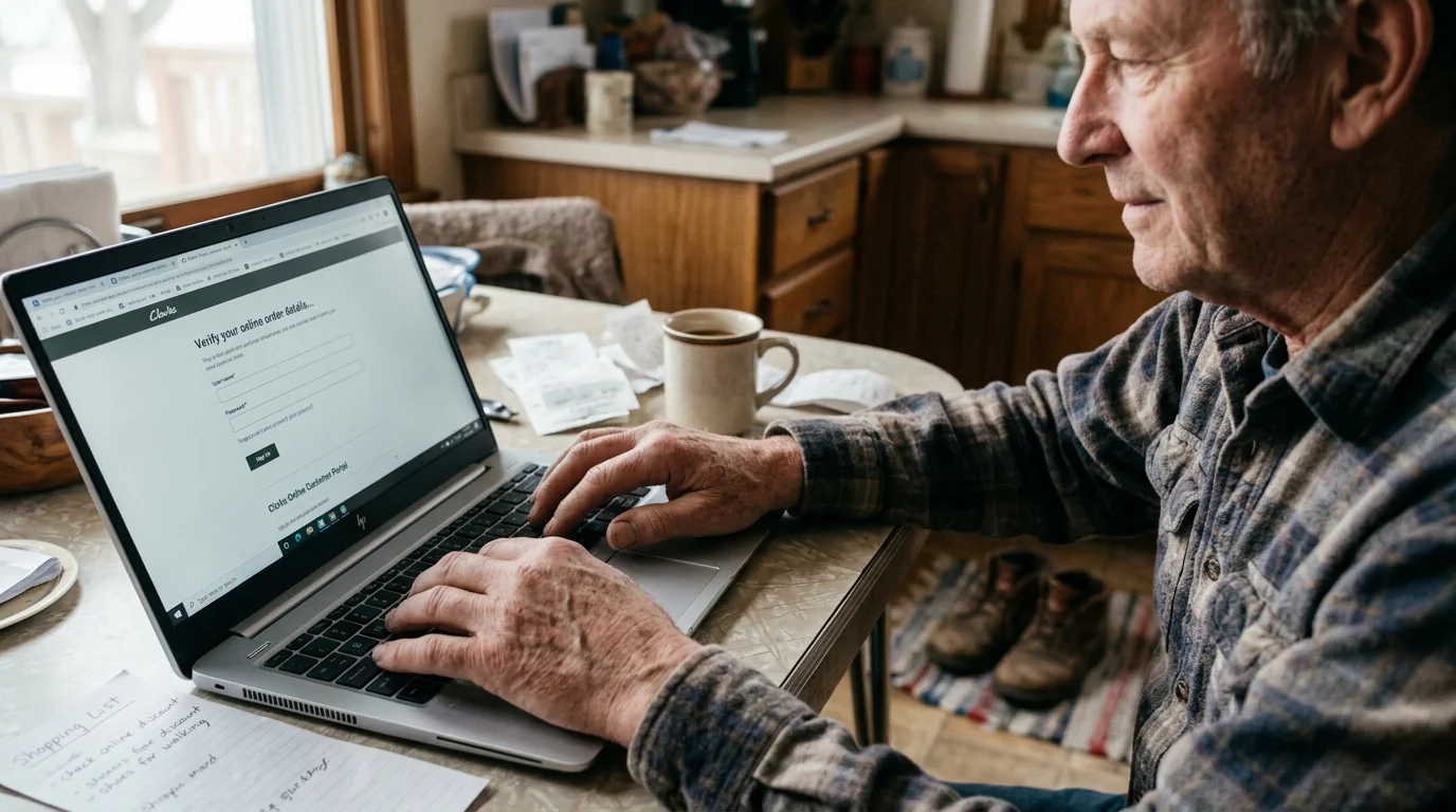 Older man typing on a laptop computer at a kitchen table next to a coffee mug and notes.
