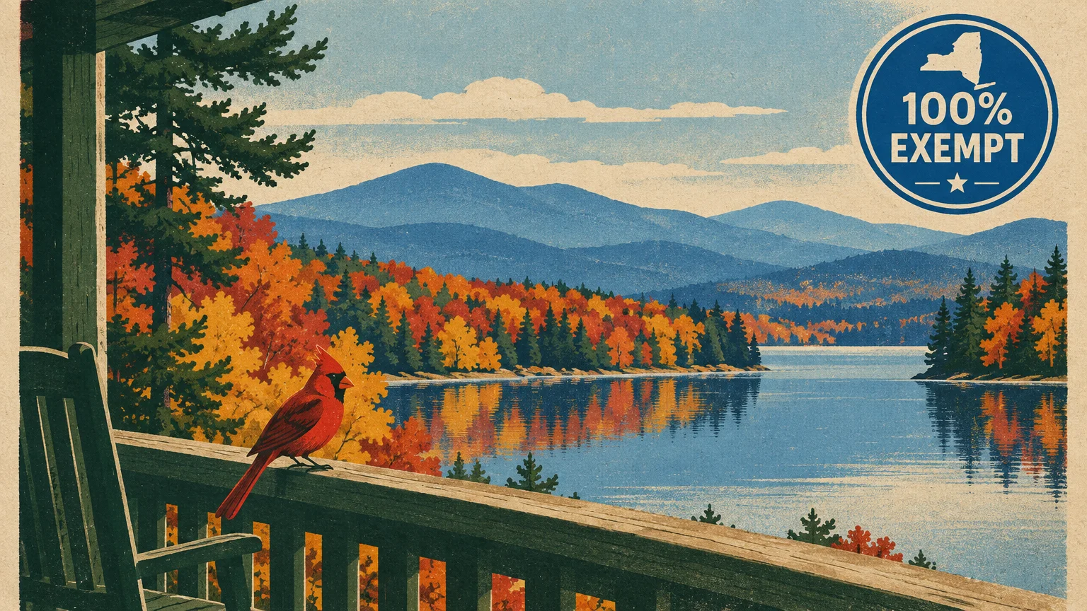 Illustration of a red cardinal on a porch railing overlooking an autumn mountain lake, with a 100% exempt stamp.