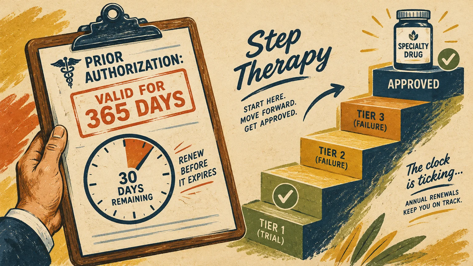 Illustration of a prior authorization clipboard with a timer alongside tiered steps leading to approved specialty medication.