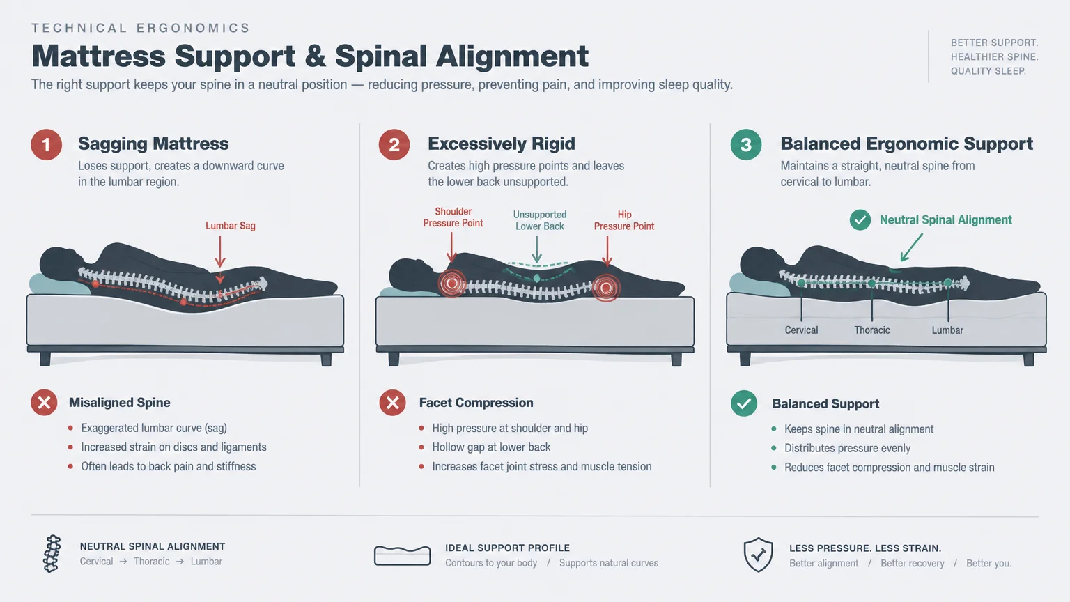 Diagram comparing spinal alignment across three mattress types: sagging, excessively rigid, and balanced ergonomic support.