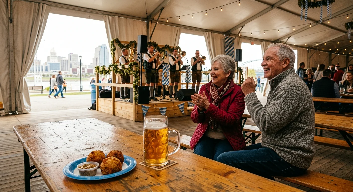 A couple sits at a wooden picnic table with a beer mug inside an event tent while a brass band plays on stage.