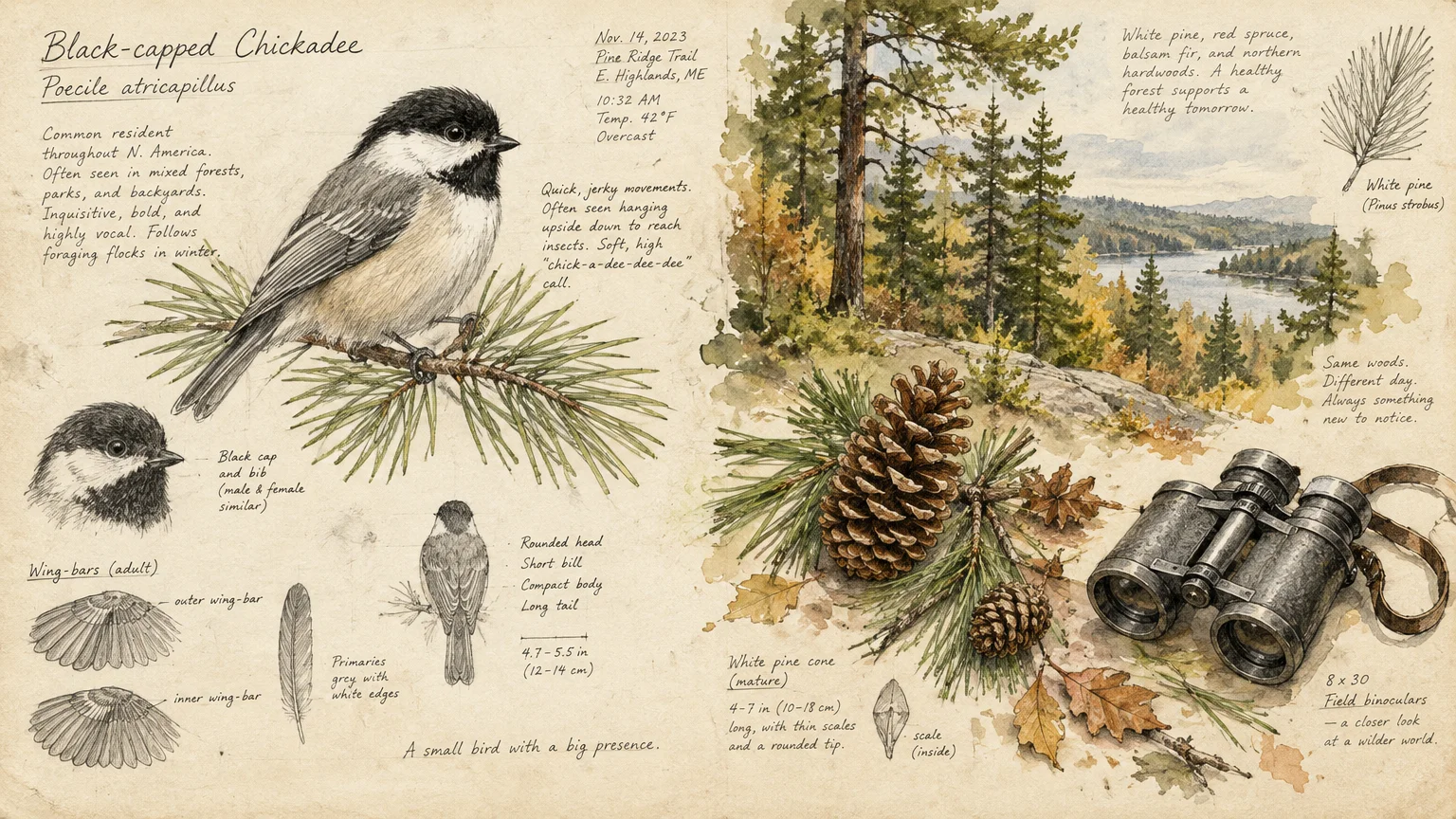 Nature journal page featuring watercolor illustrations and notes of a black-capped chickadee, pinecones, and binoculars.
