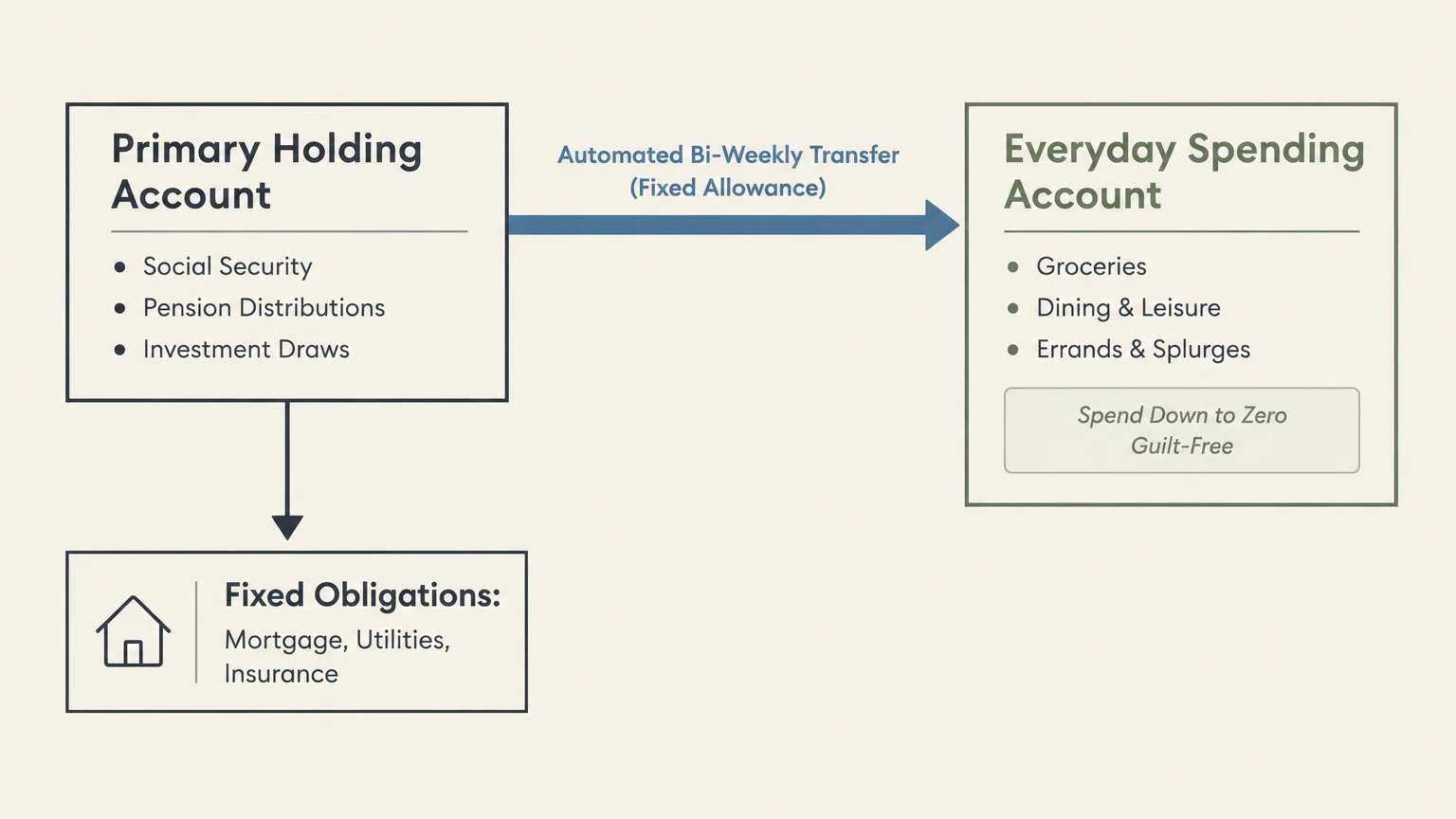 Diagram showing funds moving from a primary holding account to fixed obligations and an everyday spending account.