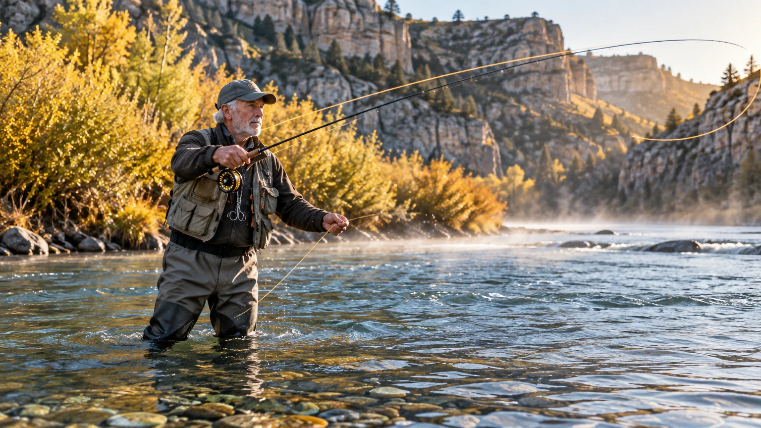 Senior man in waders and fishing vest fly-fishing in a shallow river surrounded by autumn trees and rocky bluffs.