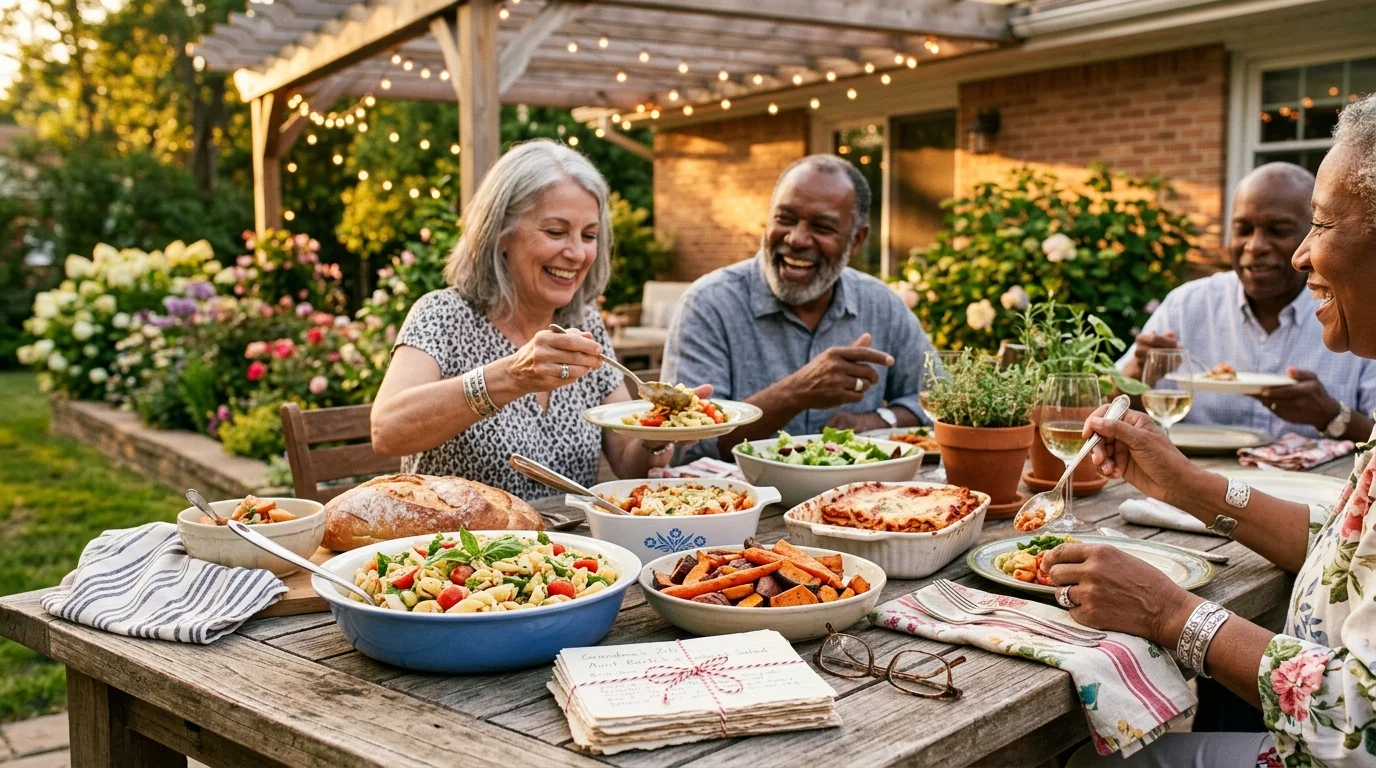 Four smiling older adults share a meal together at an outdoor patio table laden with pasta, bread, and recipe cards.
