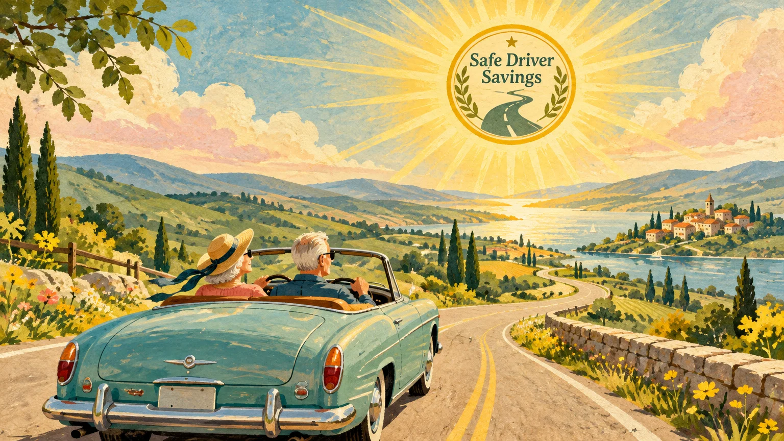 Illustration of an older couple in a vintage convertible driving down a scenic coastal road beneath a shining sun emblem.