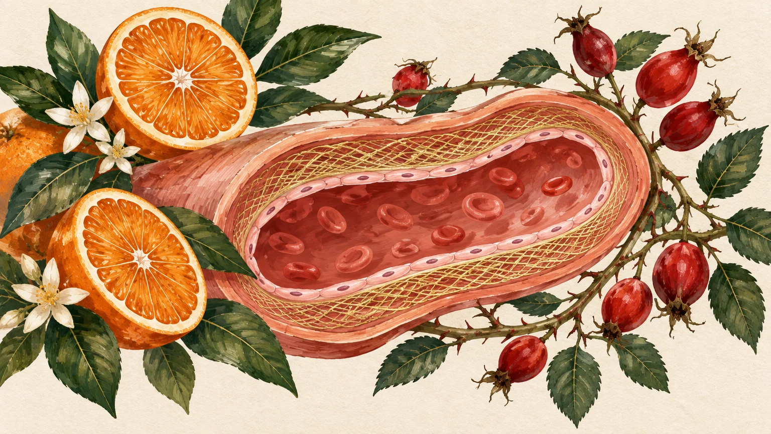Botanical illustration of a cross-sectioned blood vessel with red blood cells, surrounded by sliced oranges and rose hips.