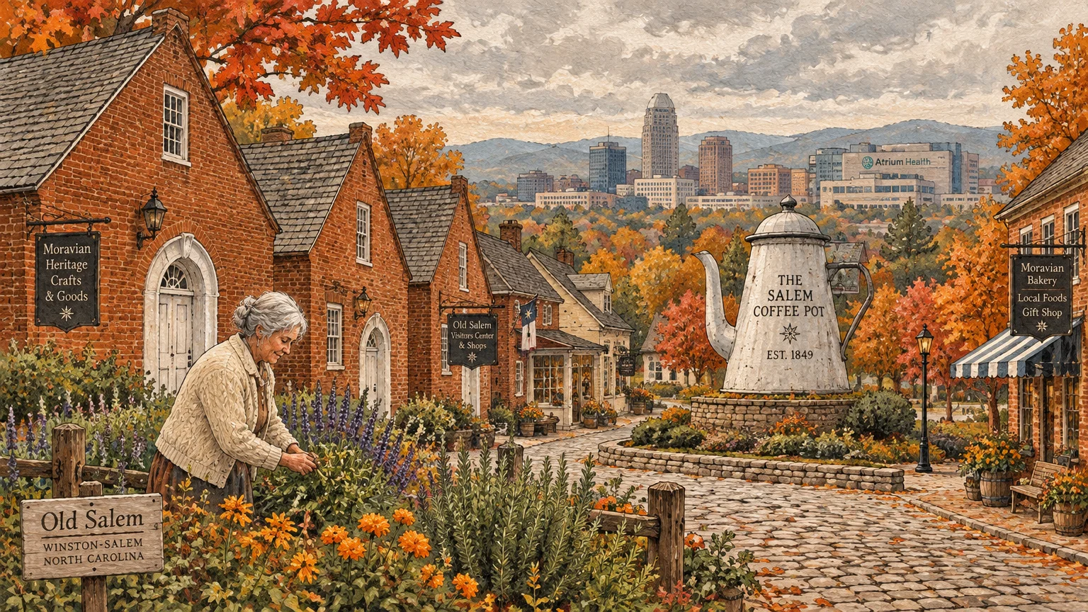 Illustration of historic Old Salem with brick buildings, a woman gardening, a giant coffee pot, and city skyline behind.