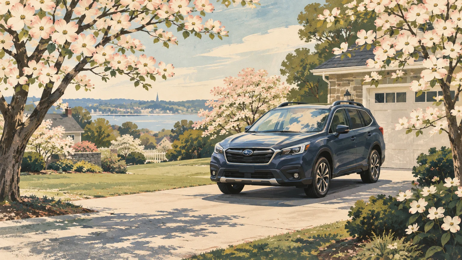 Illustration of a blue SUV parked on a suburban driveway framed by blooming dogwood trees overlooking water.