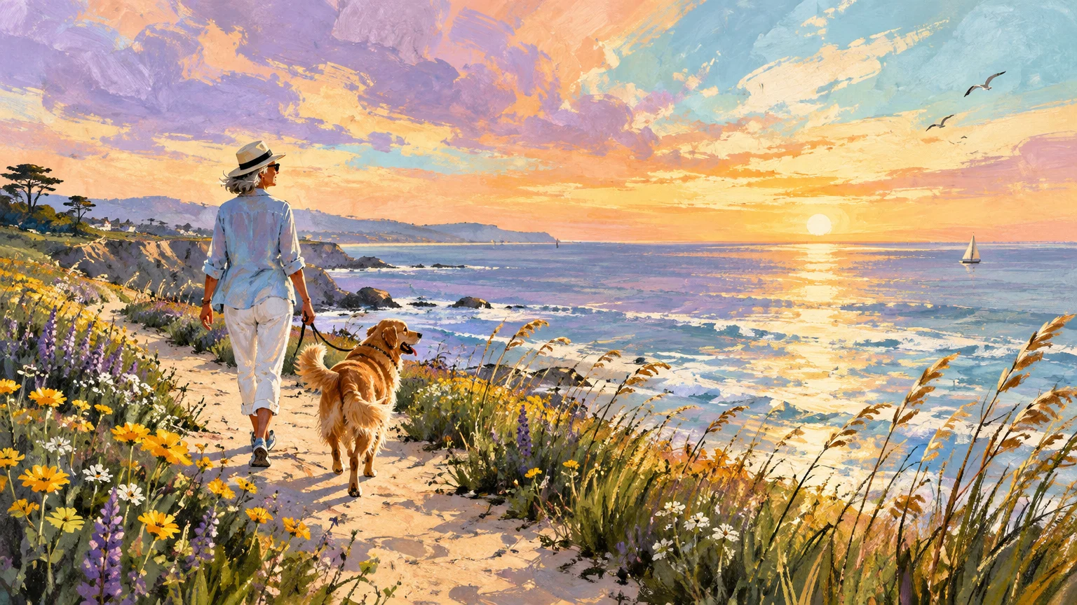 Impressionist painting of a woman walking a golden retriever along a coastal bluff dotted with flowers at sunset.