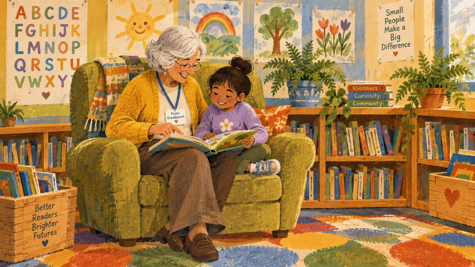 An older woman and a young girl sit together in a green armchair reading a colorful picture book in a classroom.