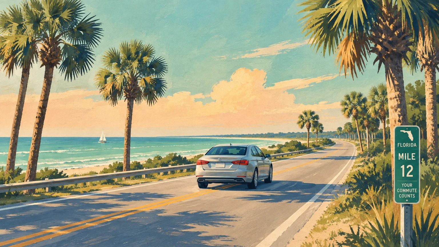 Illustration of a silver car driving along a sunny Florida coastal highway lined with palm trees and ocean views.