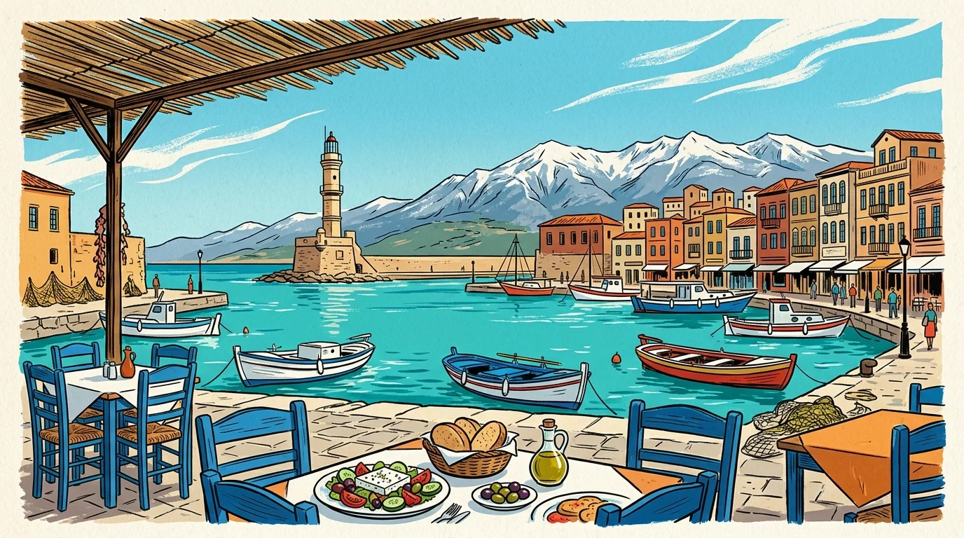 Illustration of a seaside harbor in Chania with boats, a lighthouse, snow-capped mountains, and an outdoor dining table.