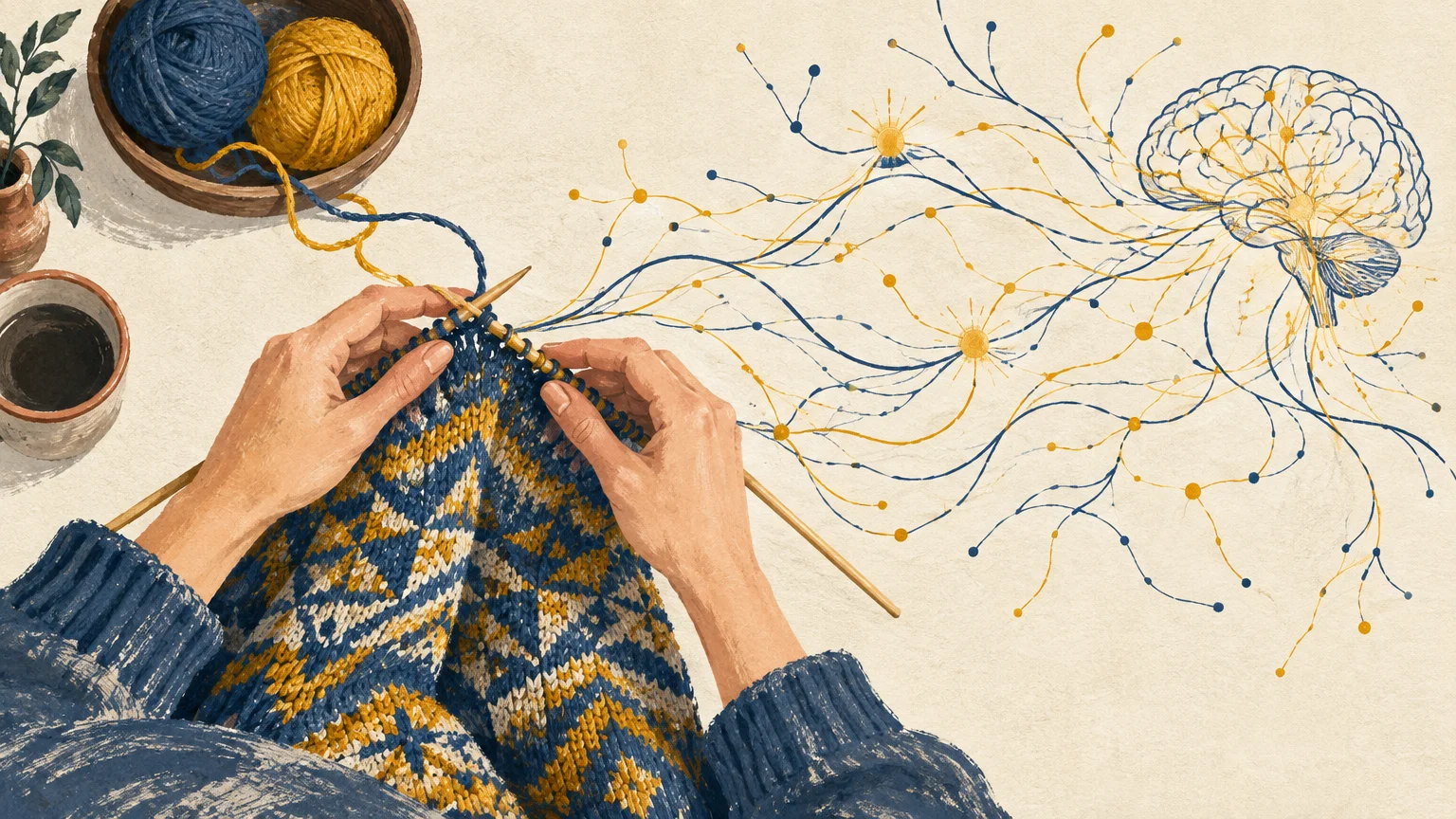 Illustration of hands knitting with yarn lines that flow into a neural network connected to an illustrated brain.