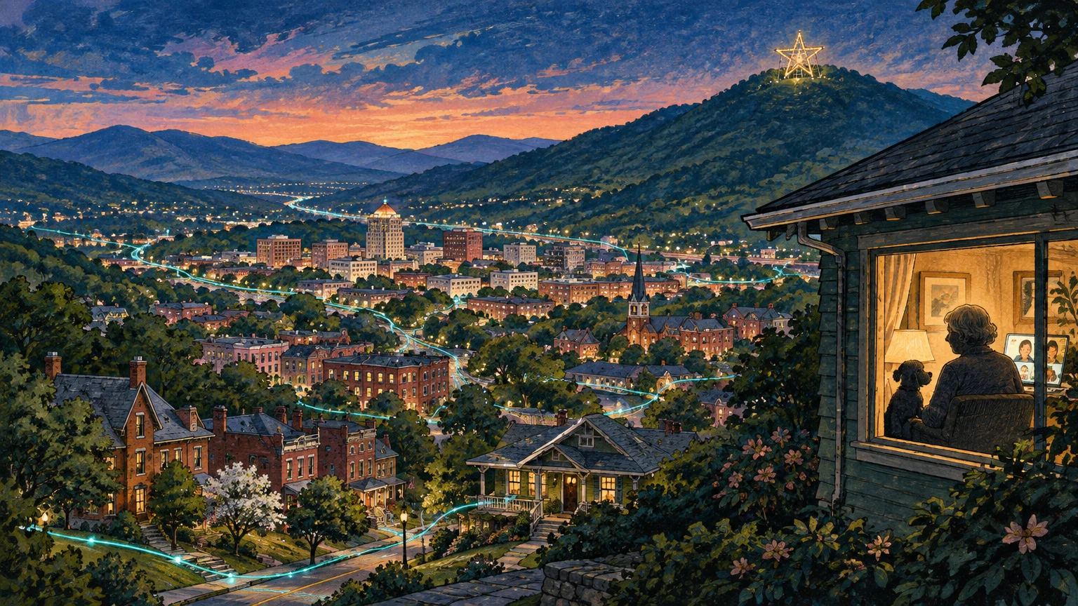 Illustration of a twilight mountain city with glowing digital lines and a person video chatting inside a hillside home.