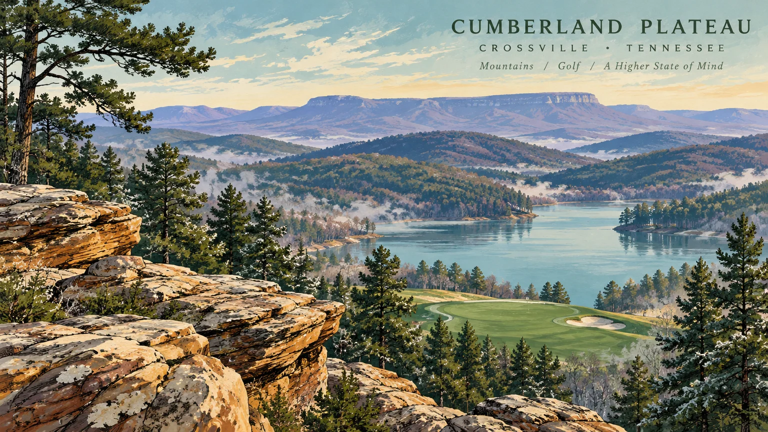 Illustration of Cumberland Plateau overlooking a lake, pine trees, and a golf green from rocky cliffs.
