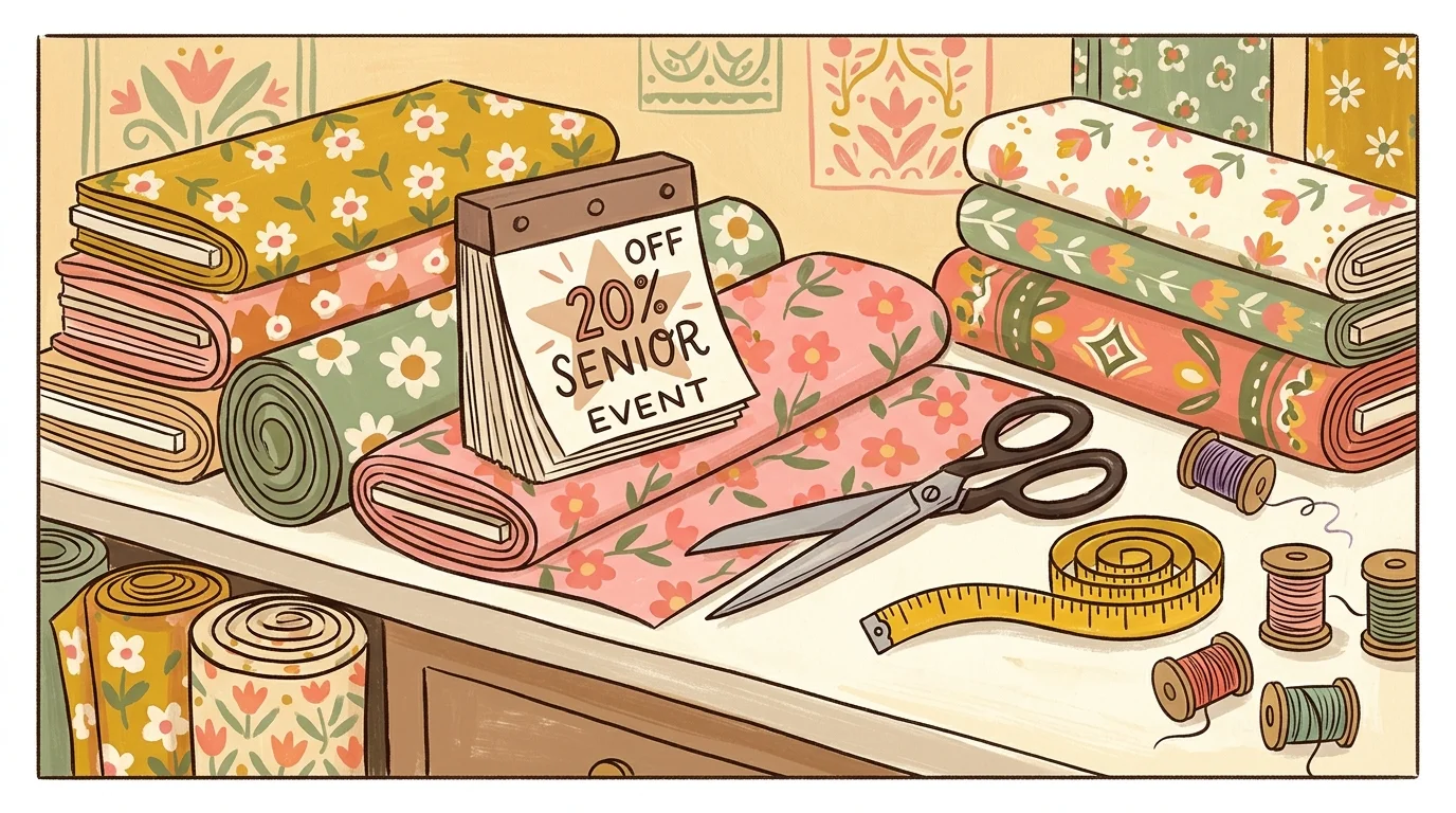 Illustration of fabric bolts, sewing scissors, measuring tape, thread spools, and a calendar reading 20% OFF SENIOR EVENT.