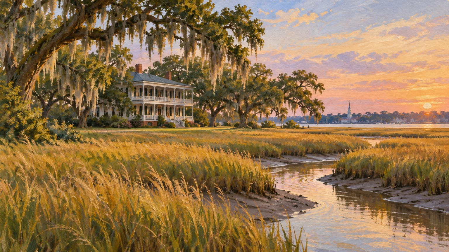 Illustration of an antebellum mansion framed by moss-draped oak trees beside a winding marsh creek at sunset.
