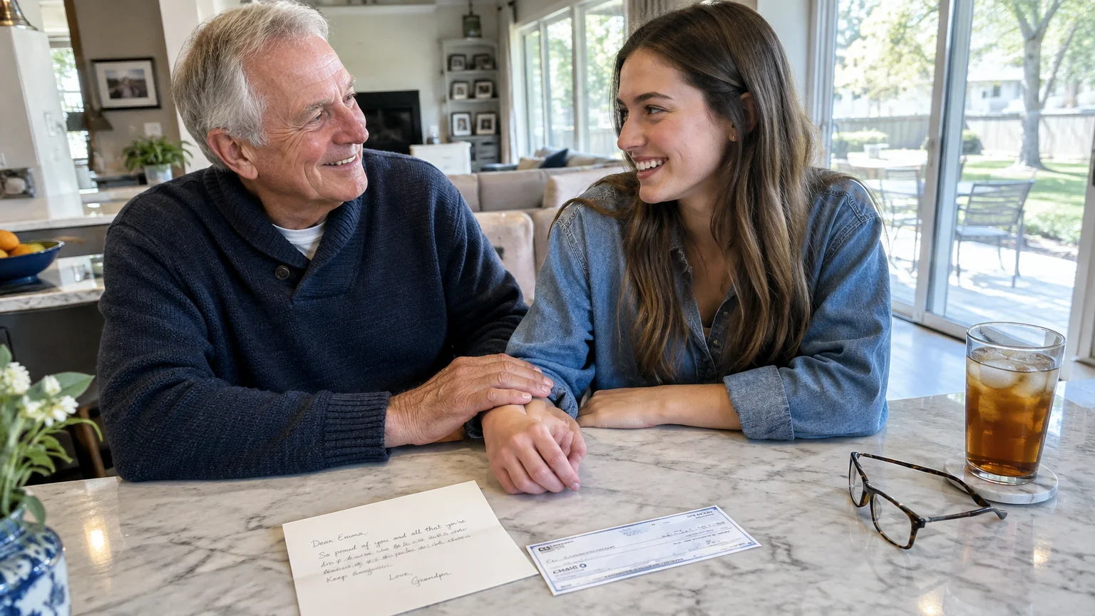 An older man and a young woman smile together at a table with a handwritten note, check, and glasses.