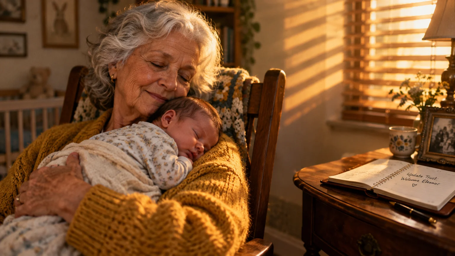 A grandmother in a rocking chair cradles a sleeping baby near a notebook with a reminder to update a trust.