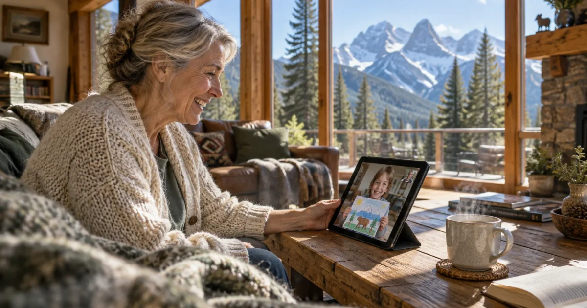 Smiling older woman on a video call using a tablet indoors, with large windows overlooking snow-dusted mountains.